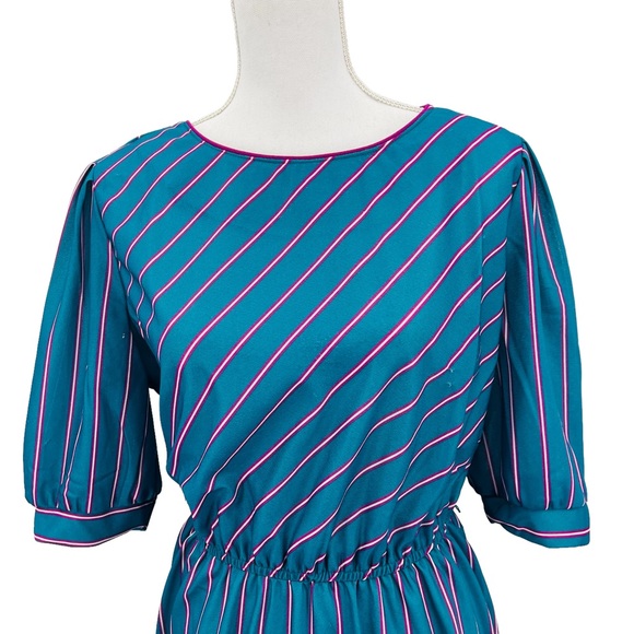 Vntg Jen Jen New York 70s Secretary Dress Teal Purple Pinstripes Puff sleeve M - Picture 2 of 13